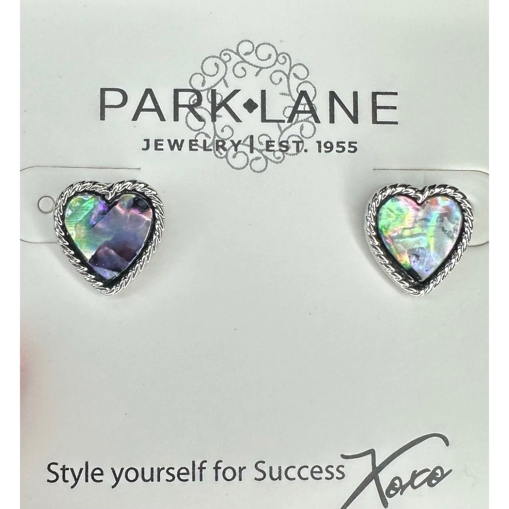 Park Lane Jewelry Heart Stud Earrings Abalone Shell Silver Tone Rope Border NEW